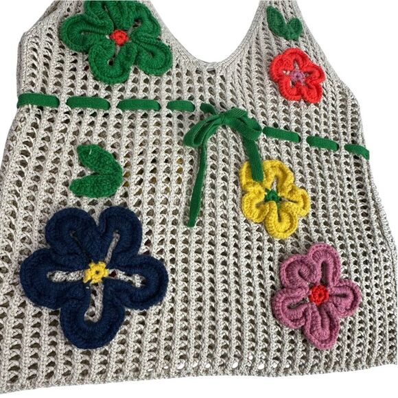 Zara Multicolor Floral Crochet Tank Top size Medium Cream - Picture 6 of 11